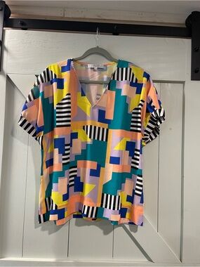 CROSBY by Mollie Burch Geometric V-Neck Top in Teal, Coral, Yellow & Black-White